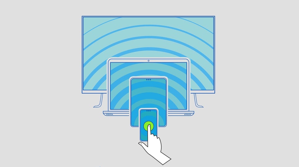 Illustration shows devices lined up behind each other in the order of phone, tablet, laptop and TV,  while a hand taps a green circle on the phone.