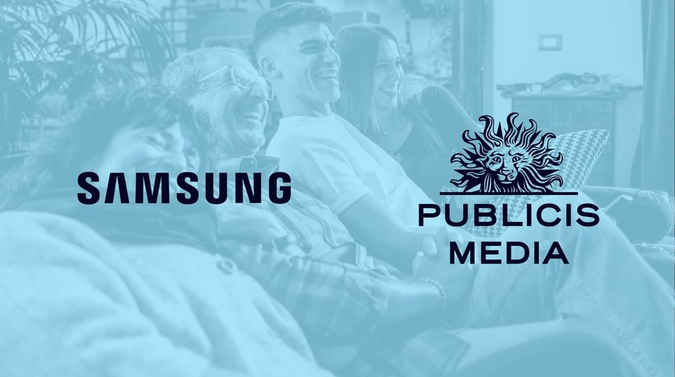 Blue image with a group of friends smiling and looking at a TV with Samsung and Publicis Media in the center
