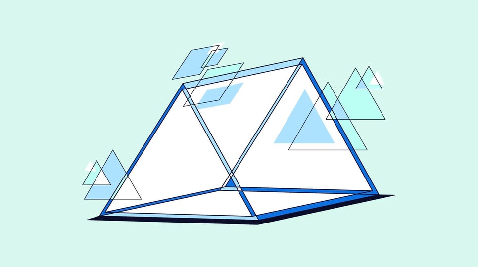 Graphic pictures an animated prism with small triangles around it against a mint green background