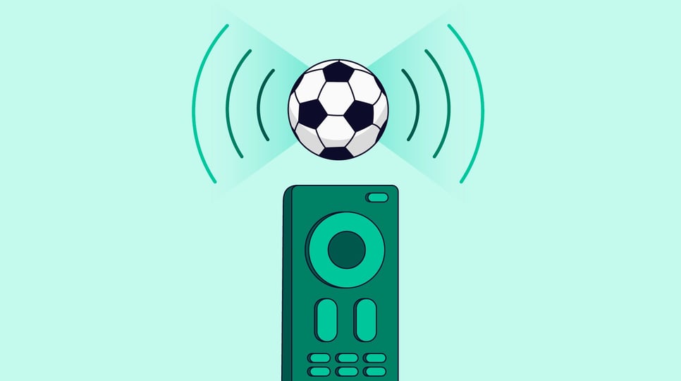 A football sits on top of a broadcast tower with internet lines emanating out of it. The base of the broadcast tower is a TV remote.