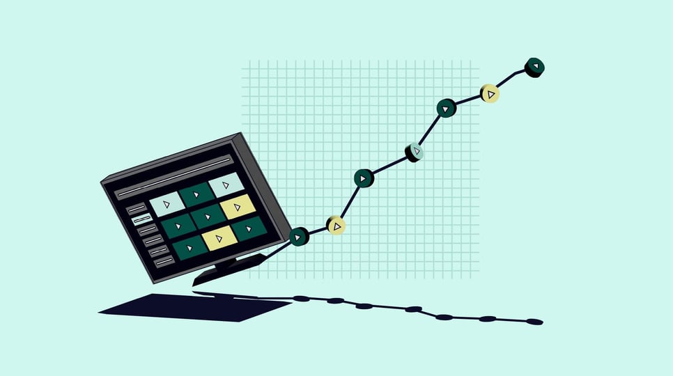 TV, displaying play buttons, hangs at the start of a line chart that's also marked by play buttons and progresses upwards