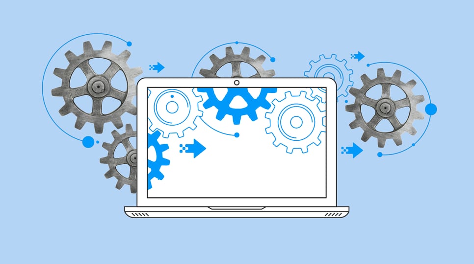 A laptop against a background of gray gears pictures animated blue and white gears.