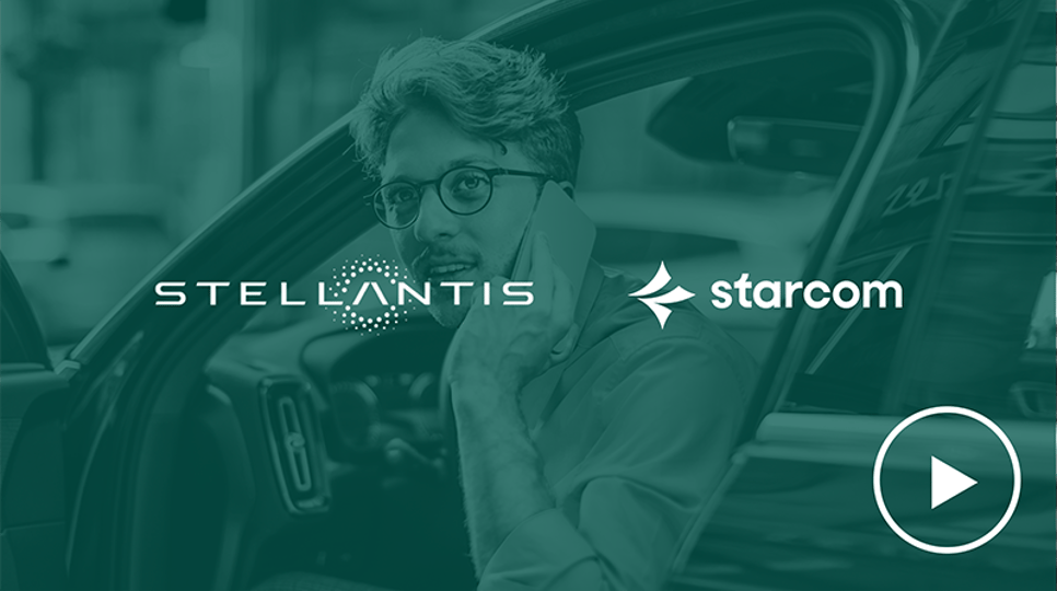 Green cover image of a man exiting a car with Stellantis and Starcom logos placed over top and a video "play" button in the bottom right corner