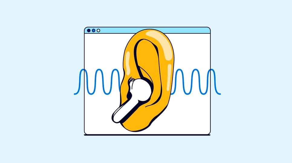 Graphic of an airpod in a giant yellow ear, placed over an internet browser window screen and frequency waves, to represent "audio".