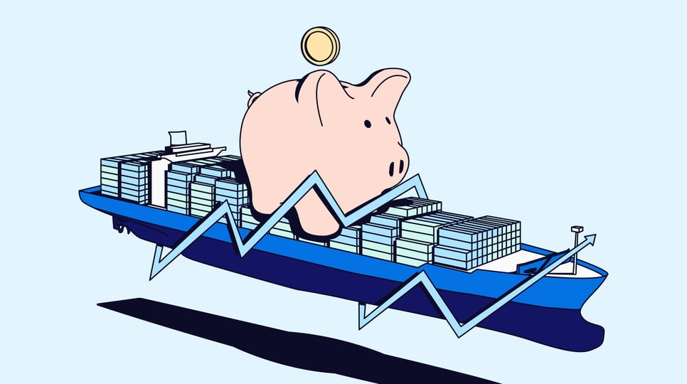 A shipping container ship holding containers and an oversized piggy bank, with an upward trending line circling it. The logo "Wallet Watch" is in the top right corner.