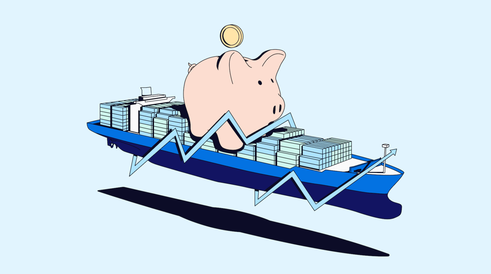 A shipping container ship holding containers and an oversized piggy bank, with an upward trending line circling it.