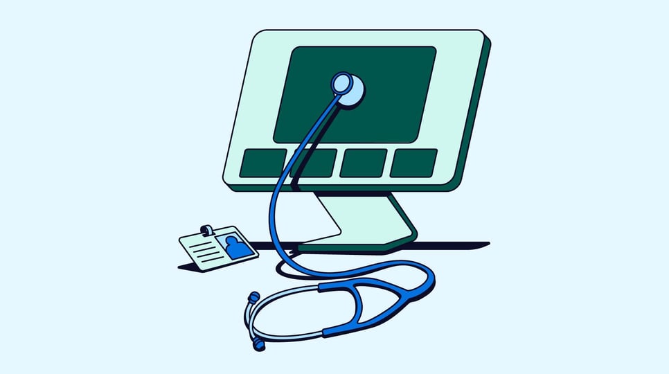 Illustration of a computer monitor with a stethoscope on the screen and an ID badge nearby, symbolizing digital healthcare and technology.