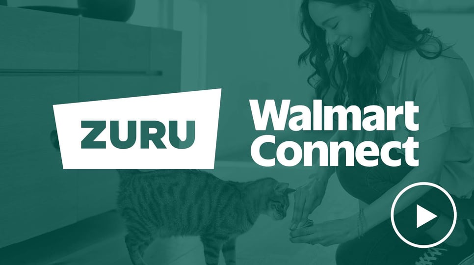 Promotional image featuring ZURU, Walmart Connect, and The Trade Desk logos overlaid on a scene of a woman smiling while feeding a cat, with a play button icon indicating video content.